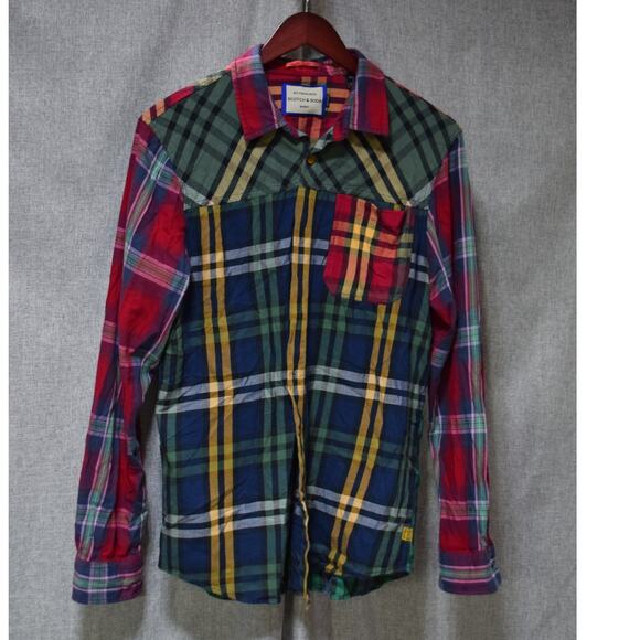 Scotch & Soda Multicolor Patchwork Plaid Button-Up Shirt Men’s Size Large - Picture 1 of 4